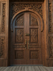 Obraz premium Ornate wooden door with intricate carvings and elegant handles.