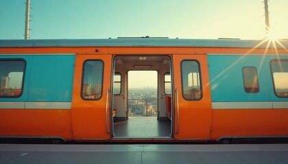 Colorful Sky Train with Open Door Overlooking a Distant Cityscape at Sunrise