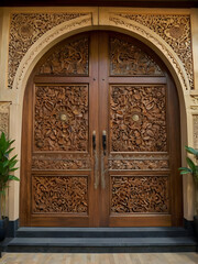 Obraz premium Ornate wooden doors with intricate carvings, showcasing craftsmanship and design.