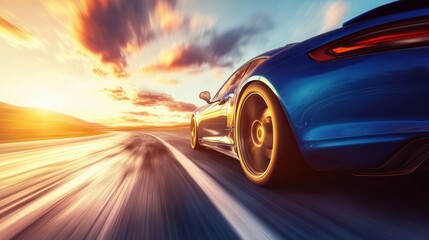 Speed and Style: A blue sports car races down an open highway with blurred motion, showcasing its sleek design and powerful performance against a dramatic sky.