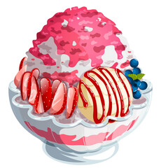 Strawberry Pink Syrup Kakigori with Berries and Vanilla Ice Cream Scoop Toppings. Japanese Shaved Ice Dessert Served in Footed Glass Bowl. Summer Refreshing Treat Detailed Illustration
