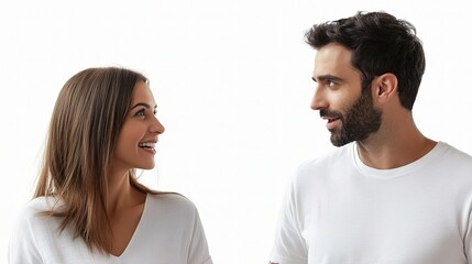 Engaging Conversation Between Woman and Man Against White Background