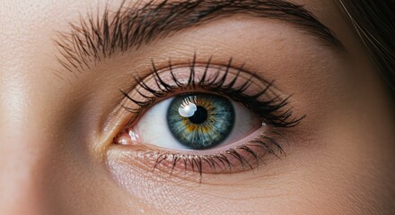 Obraz premium Close up eye green blue iris soft light. AI Generated