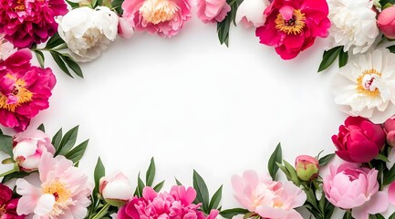 Beautiful pink flowers on a white background, top view, flat lay, empty space for text. Stock photo contest winner, high resolution, stock photography, flat lay, Generative AI