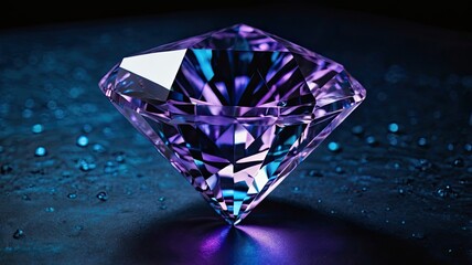 A stunning purple diamond sparkling against a dark, textured surface, showcasing its intricate cuts and reflections.