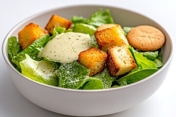 Caesar salad with croutons, romaine lettuce and dressing in a bowl