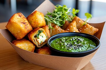 Crispy fried Indian snacks with paneer and chutney dipping sauce