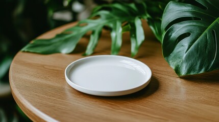 Close-up of white plate on wooden table with tropical plants. Sunlit mockup for natural product display and design.