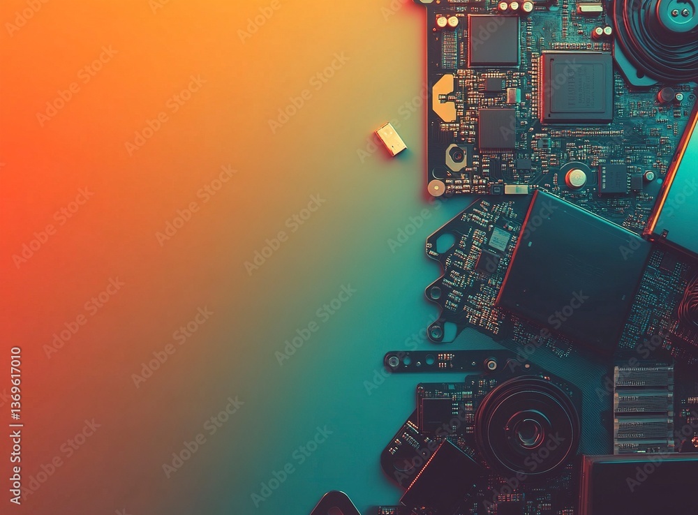 Poster various computer hardware, including hard drives and flash drives, are located on the right side of 