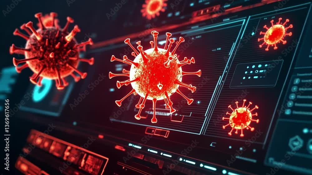 Poster futuristic heads up display illustrating a virus infiltrating a network during a cyber attack, trigg