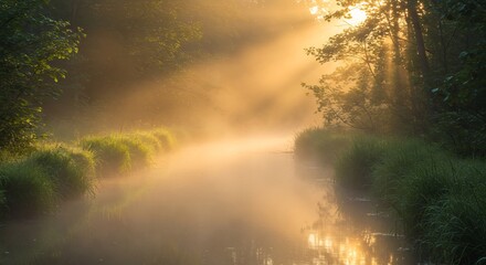 Naklejka premium Golden sunrise gently illuminates misty river path. AI Generated