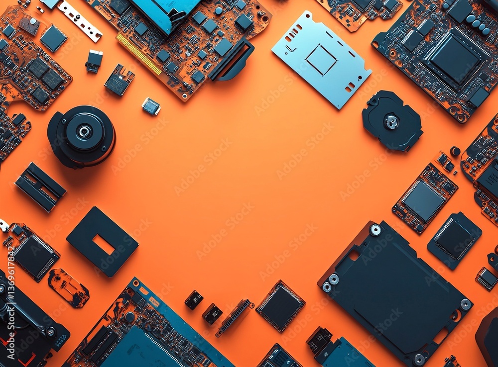 Poster various computer hardware, including hard drives and flash drives, are located on the right side of 