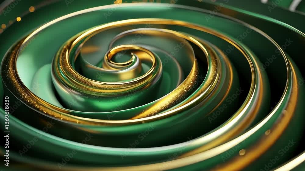 Poster creating a mesmerizing spiral pattern with shimmering gold accents in a lush emerald green environme