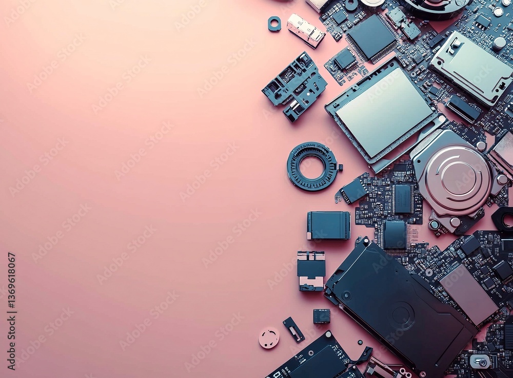 Fototapete various computer hardware, including hard drives and flash drives, are located on the right side of 