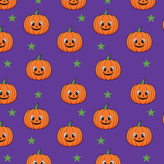 Seamless festive Halloween pattern with funny pumpkin
