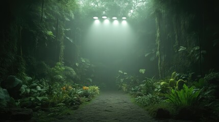 Misty jungle path illuminated by spotlights. Lush greenery, tropical plants line a pathway