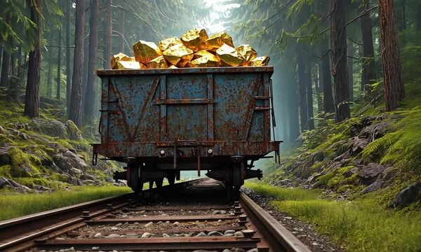A mining train carrying gold ore through a dense forest. Representing resource extraction, transportation, and wealth.