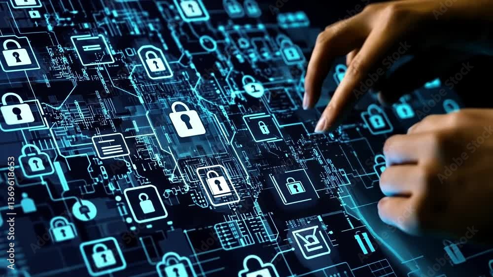 Poster cybersecurity engineer managing network security and protecting sensitive data through innovative te