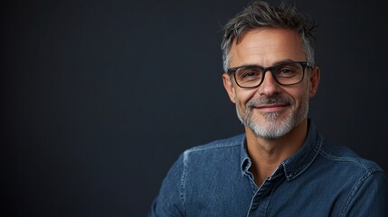 Fototapeta premium Smiling Mature Man in Glasses Posing for Portrait with Dark Background