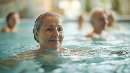 Obraz premium Smiling senior woman enjoys swimming in blue water at indoor spa. Perfect image for senior health, active aging, and retirement concepts.