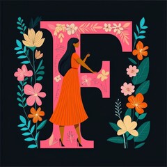 Elegant Woman in Red Dress Adorned with Floral Letter F
