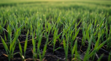 Fototapeta premium Vibrant green sprouts emerge from dark soil bathed in soft morning light. AI Generated