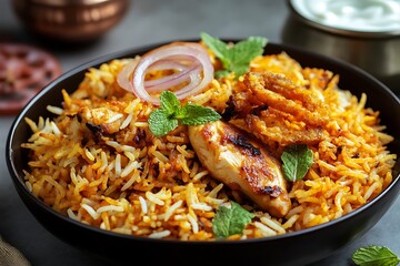 Fototapeta premium A hearty serving of chicken biryani with fragrant rice, juicy chicken, and crispy fried onions, garnished with a side of yogurt and mint leaves