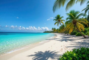 Beautiful tropical beach with palm trees and clear turquoise water