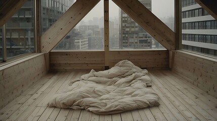 A wooden room with a blanket overlooking a city skyline