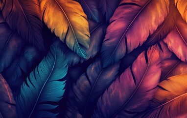Close-up of colorful feathers in red, yellow, and blue with soft texture and intricate patterns