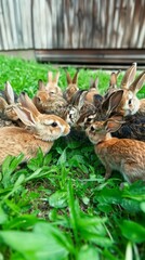 A group of rabbits sitting in the grass next to a fence