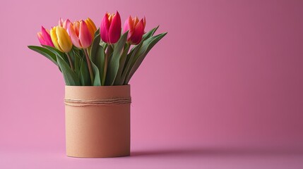 Fototapeta premium Tulip Bouquet in Kraft Paper Vase with Vivid Colors against Pink Background Showing Pixelation and Artificial Look Close Up