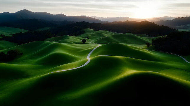 Aerial View of Rolling Green Hills at Sunset