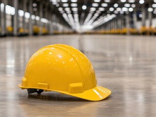 A yellow hard hat rests on a polished floor in a spacious industrial setting, highlighting safety in a work environment.