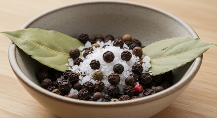 Warm light illuminates aromatic peppercorns salt bay leaves nestled in bowl. AI Generated