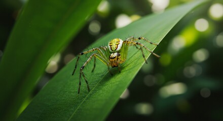 Vibrant green spider calmly perched on lush leaf soft light. AI Generated