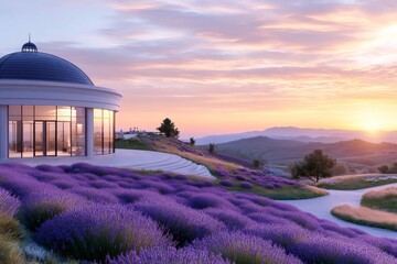 Obraz premium Modern glass building stands on a hill with lavender flowers at sunset