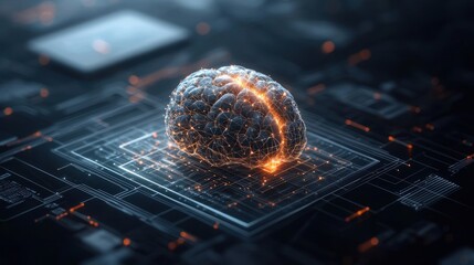 A digital brain rests on a circuit board, glowing with internal light, symbolizing AI and neural networks