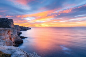 Obraz premium Colorful sunrise illuminating calm ocean and rocky coastline