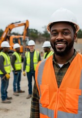 Smiling construction worker team leader bright daylight. AI Generated