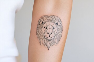 Geometric lion tattoo representing courage and strength is displayed on woman's forearm