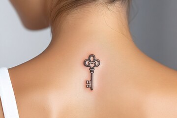 Woman showing small key tattoo on her back