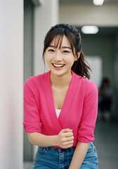 Joyful young woman smiles brightly pink shirt. AI Generated