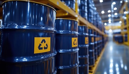 A row of blue barrels with recycling symbols, neatly arranged on shelves in a warehouse, highlighting industrial storage and environmental focus.
