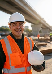 Smiling construction worker holds helmet bright sunlight. AI Generated