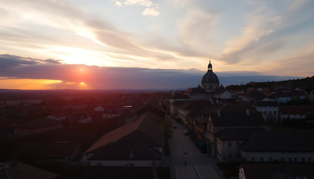 Aerial view of a European town at sunset, showcasing a church dome and picturesque buildings bathed in golden light. - Powered by Adobe