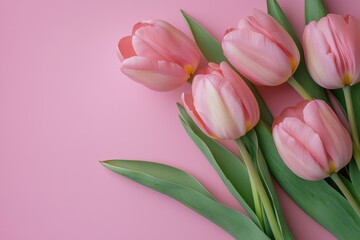 Elegant Petals: A cluster of delicate pink tulips arranged artfully against a complementing backdrop. Capturing the essence of spring, the image exudes freshness and grace. 