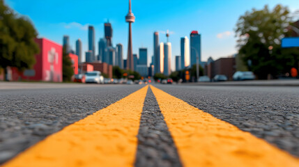 Obraz premium Asphalt Road Leading to City Skyline on a Sunny Day