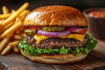 a mouth-watering, close-up shot of a gourmet burger with a juicy patty, fresh lettuce, tomato, pickles, red onion, and melted cheese, in a toasted bun,