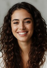 Smiling woman portrait soft light warm tones. AI Generated